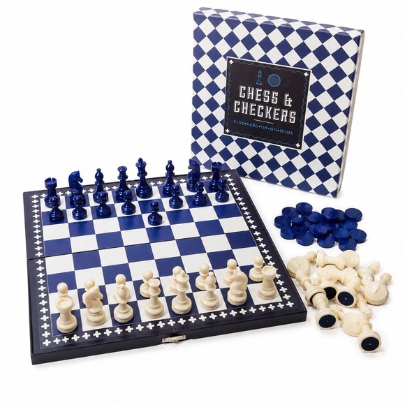 Other - Chess & Checkers 2-in-1 Board Game Set Blue White Pieces Bell & Curfew